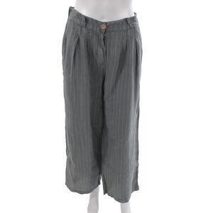 Puro Lino Women Cropped Striped Gray Linen Pants Button Closure Size L